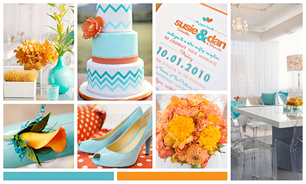Fall wedding color scheme idea showing a blue and orange themed wedding items