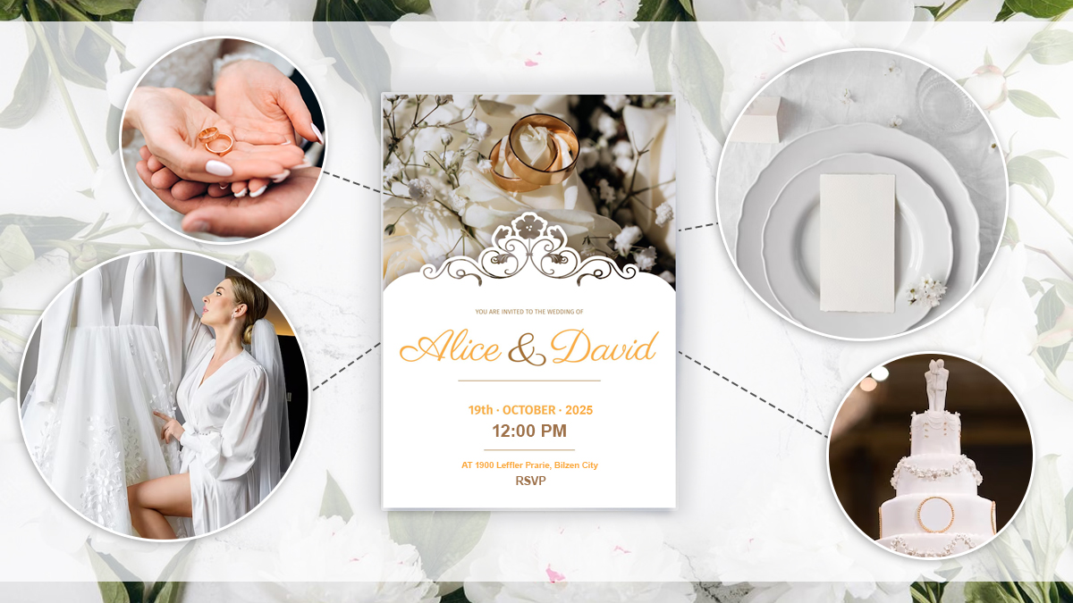 Personalized wedding invitations with RSVP designed to match a white wedding theme