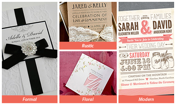 Wedding invitation styles showing modern, rustic, floral, and formal designs