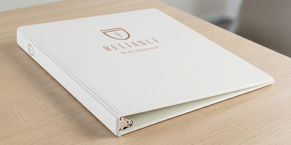 Reliance Wealth Management white leather-like 3-ring binder