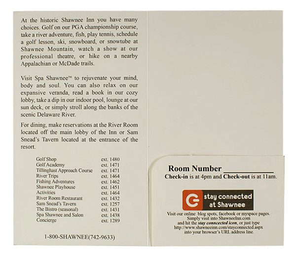 Shawnee Inn & Golf Resort Key Card Folder (Inside Flat View)