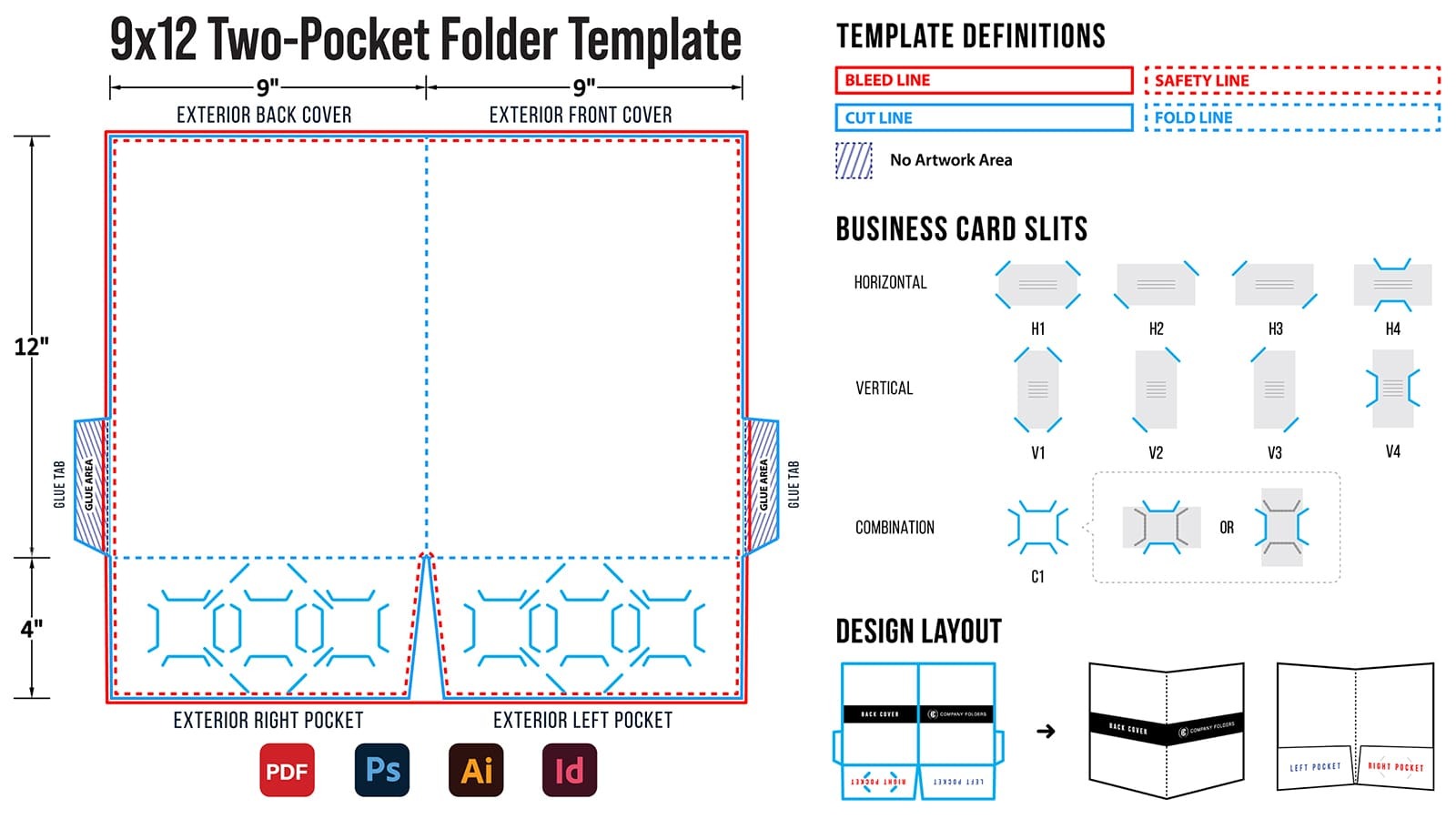 9x12 two-pocket presentation folder template dieline with bleed, safety, cut and fold lines, glue tabs and business card slots
